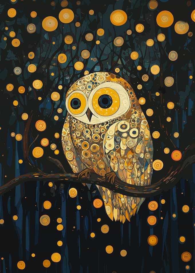 Owl in a Starry Night Forest