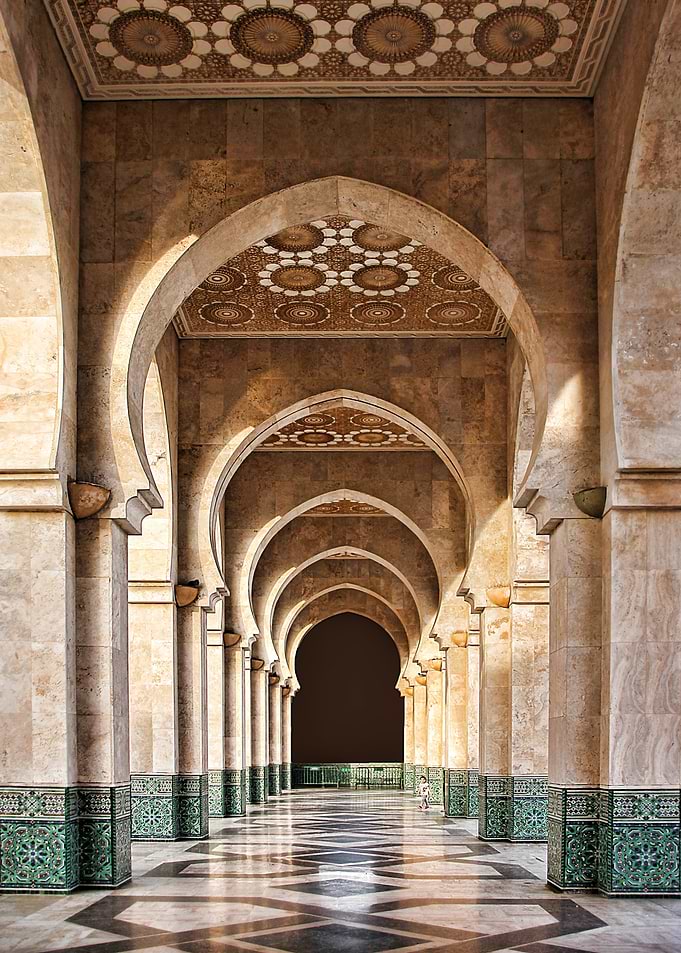 Moroccan art, Islamic Arches and Tilework, Marrakesh mosque, morocco architecture