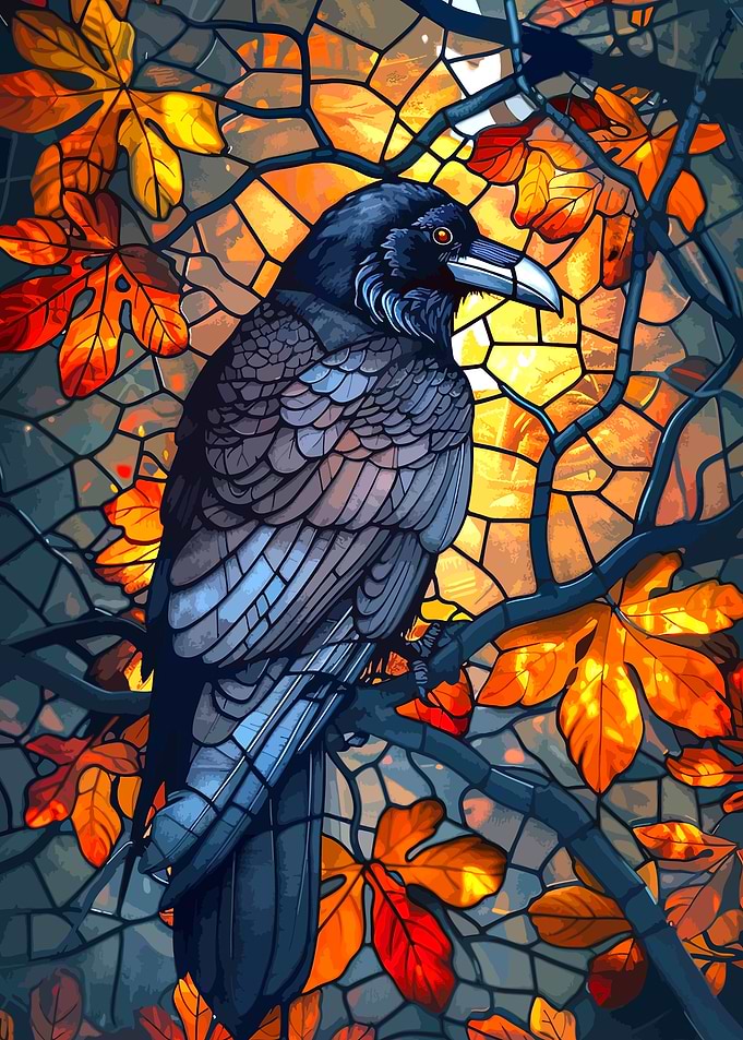 Raven in Autumn Stained Glass