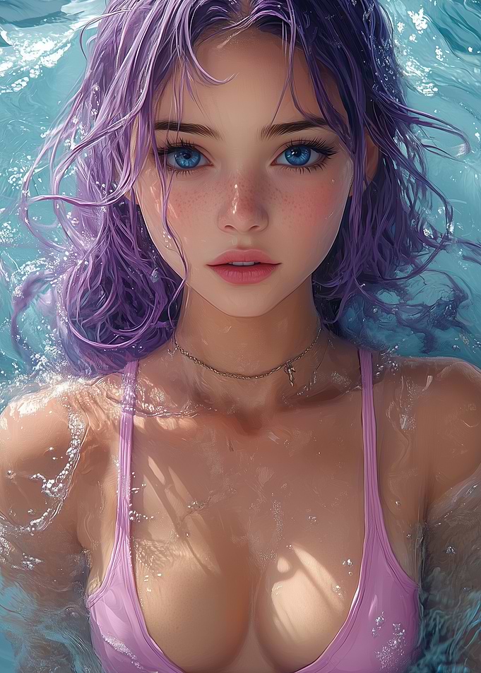 Purple Hair Anime Girl in Water