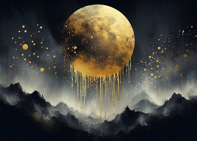 Golden Dripping Full Moon Landscape