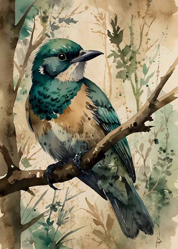 Watercolor Bird on Branch