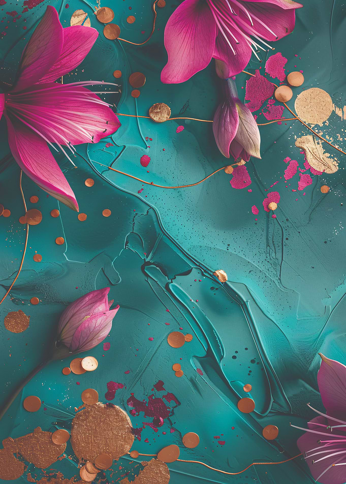 Pink Flowers on Teal Background