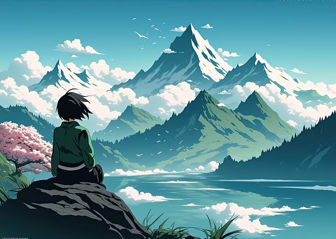 Anime Style Character Looking into Mountain Landscape