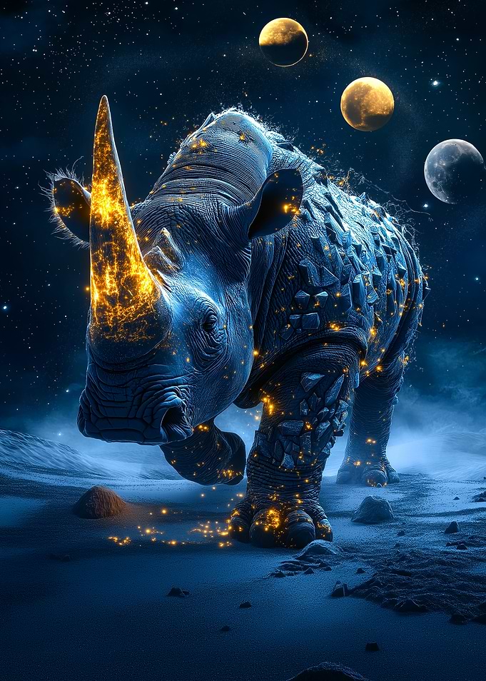 Glowing Rhino Under Stars