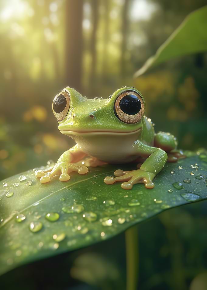Cute Green Frog on Leaf