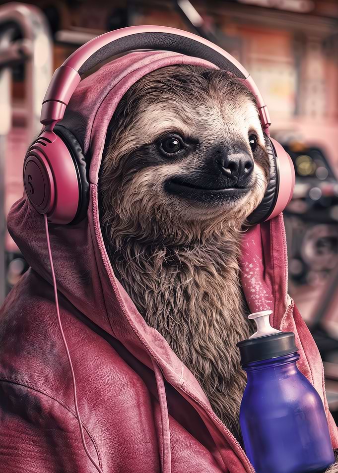 Fitness lover Sloth in the gym wearing a pink hoodie and headphones, cute animal