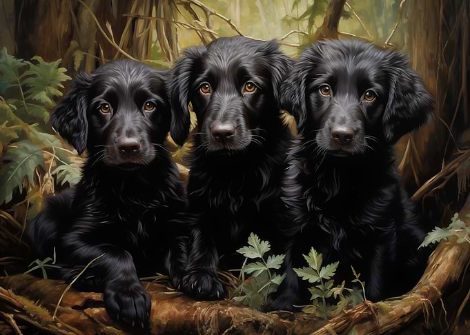 Three Flat Coated Retriever Puppies