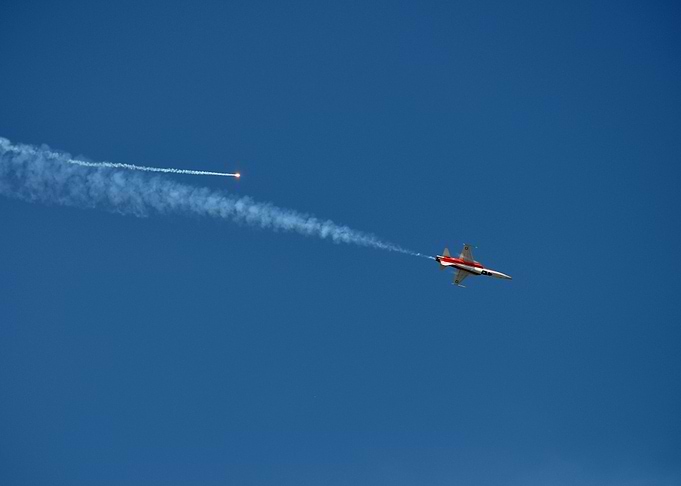 Fighter Jet with Smoke Trail and Flare