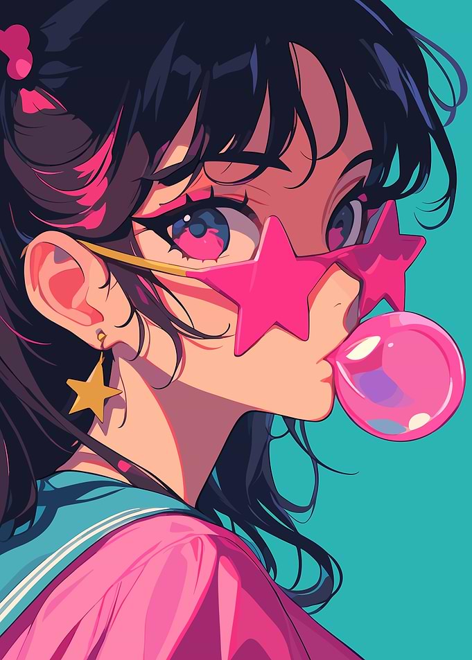 Anime Girl with Bubblegum and Star Sunglasses