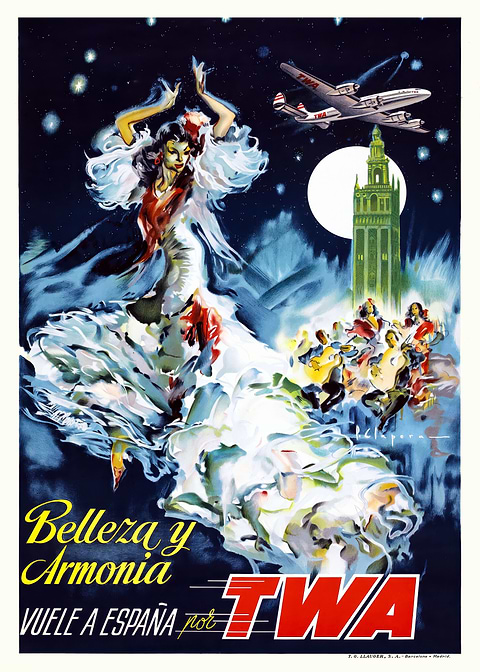 TWA Travel Poster Spain — retro travel art printed on metal