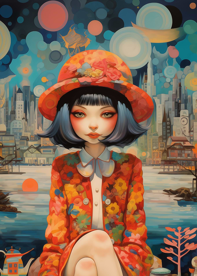 Girl in Floral Hat by the Water