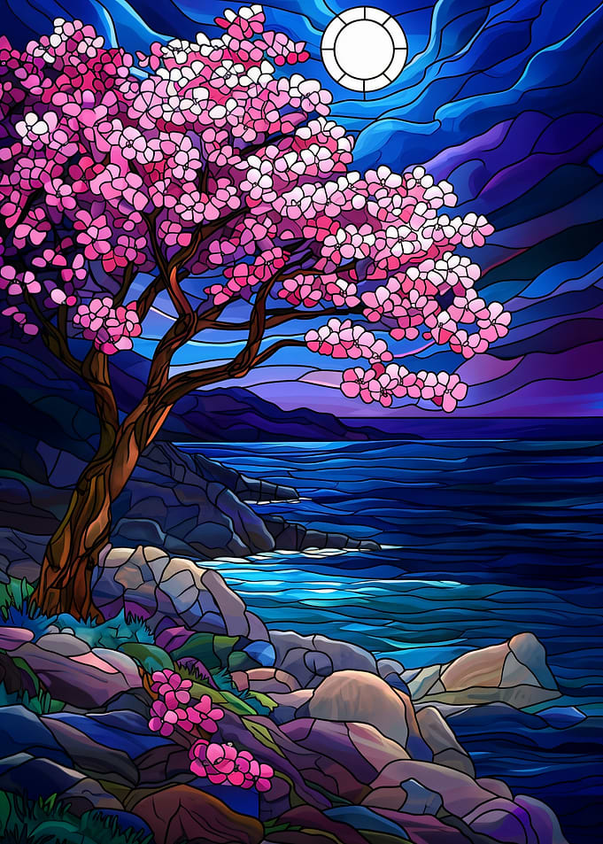 Stained Glass Cherry Blossom Night