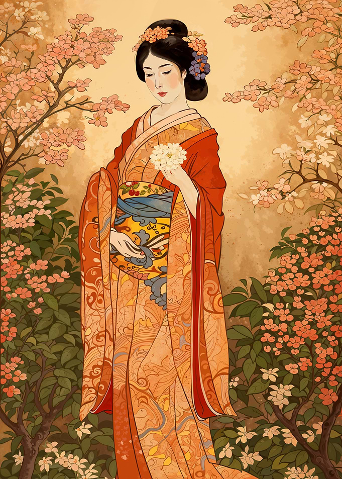 Geisha in Cherry Blossom Garden