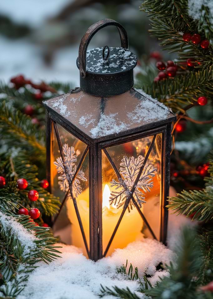Snowy Lantern with Candle