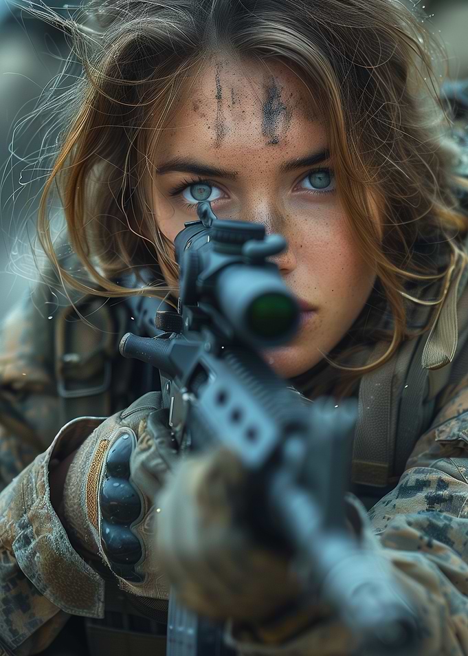 Female Soldier Aiming Rifle