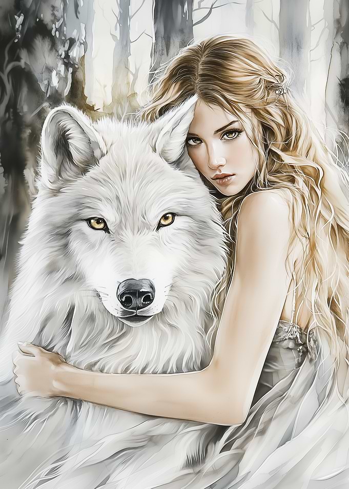 Wolf and Woman in Forest