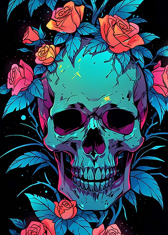 Neon Skull with Roses