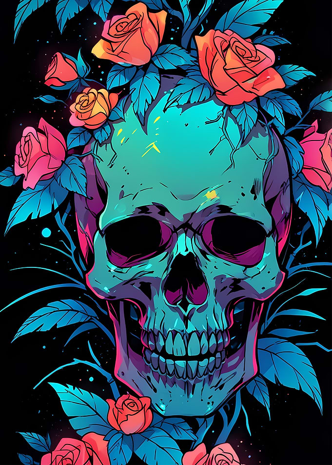 Neon Skull with Roses