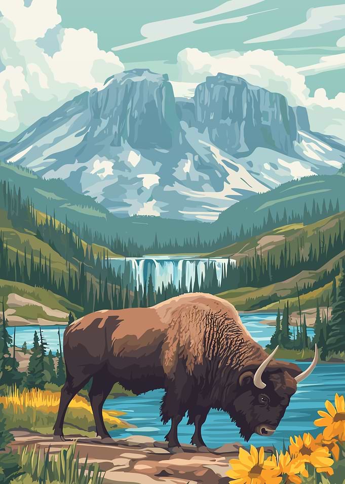 Bison by Waterfall
