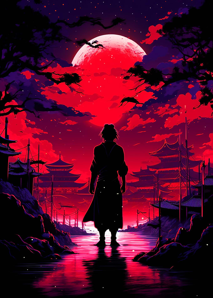 Silhouette Under Red Moon