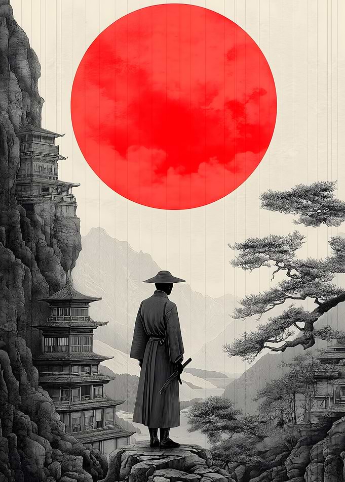 Samurai Under Red Moon Landscape Japanese