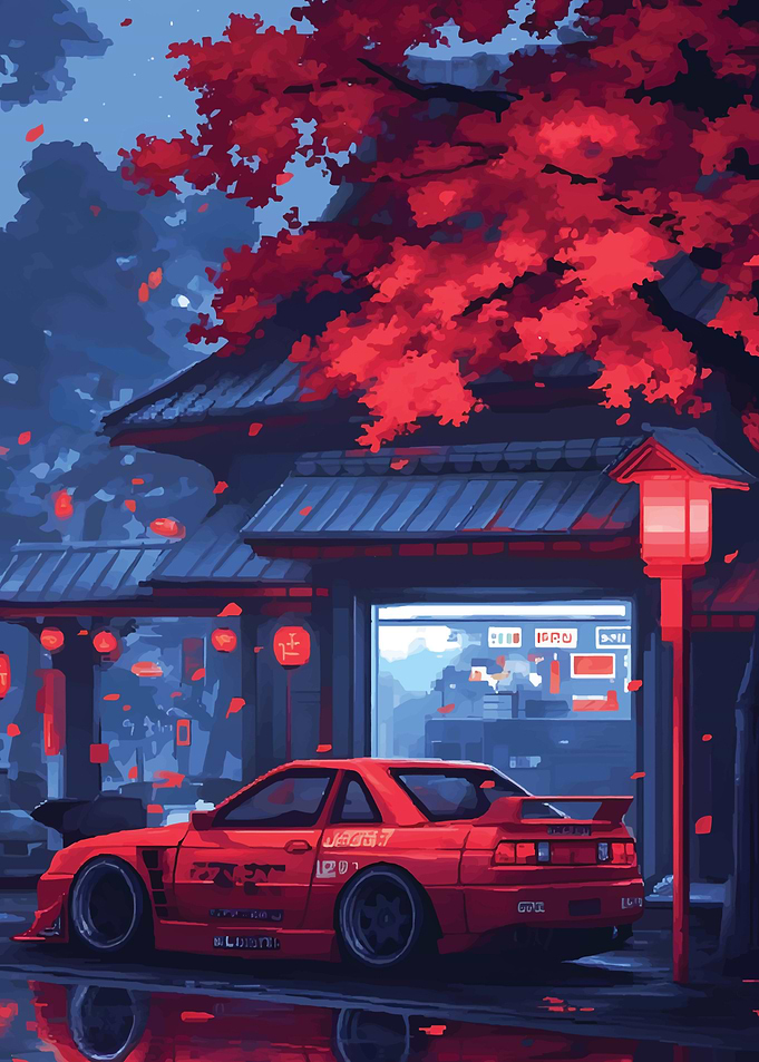Red Car in Japanese Street