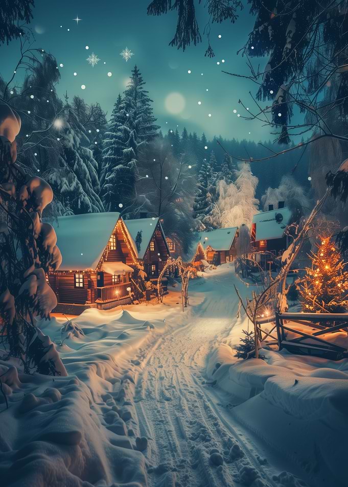 Snowy Village Starry Sky