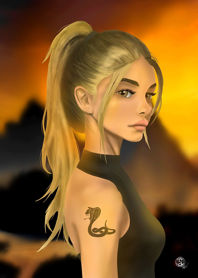 Woman with Snake Tattoo at sunset