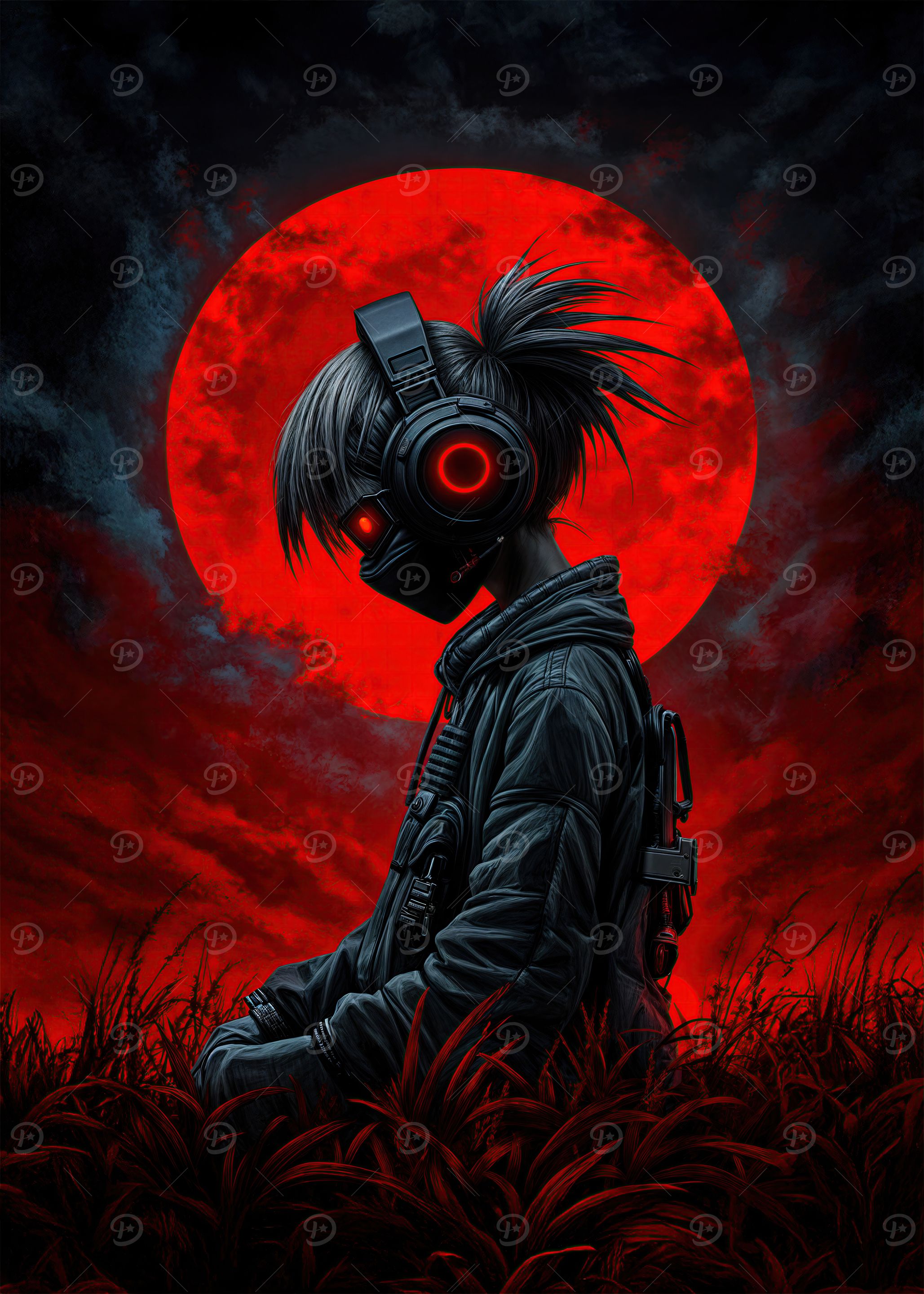 Cyberpunk Girl Under Blood Moon