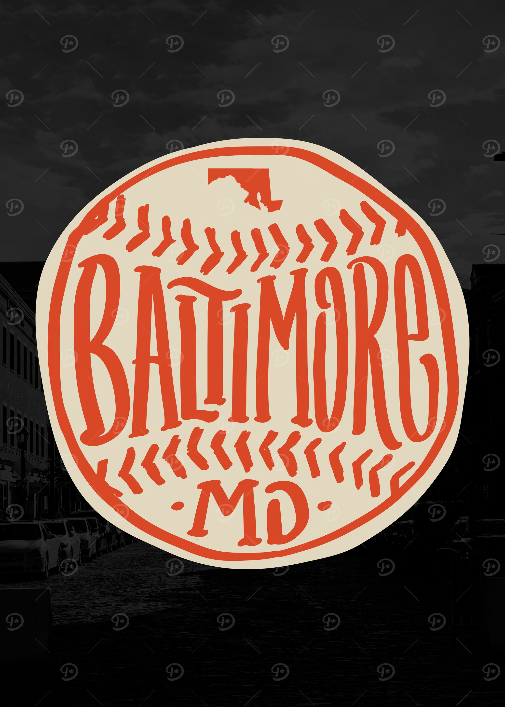 Baltimore Maryland Hand-Illustrated Baseball Typography Art