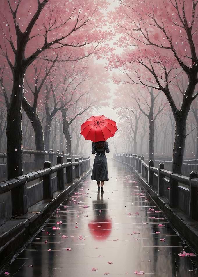Woman Walking in Cherry Blossom Rain