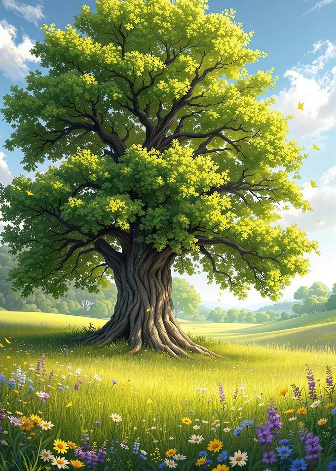 Vibrant Oak Tree in Meadow