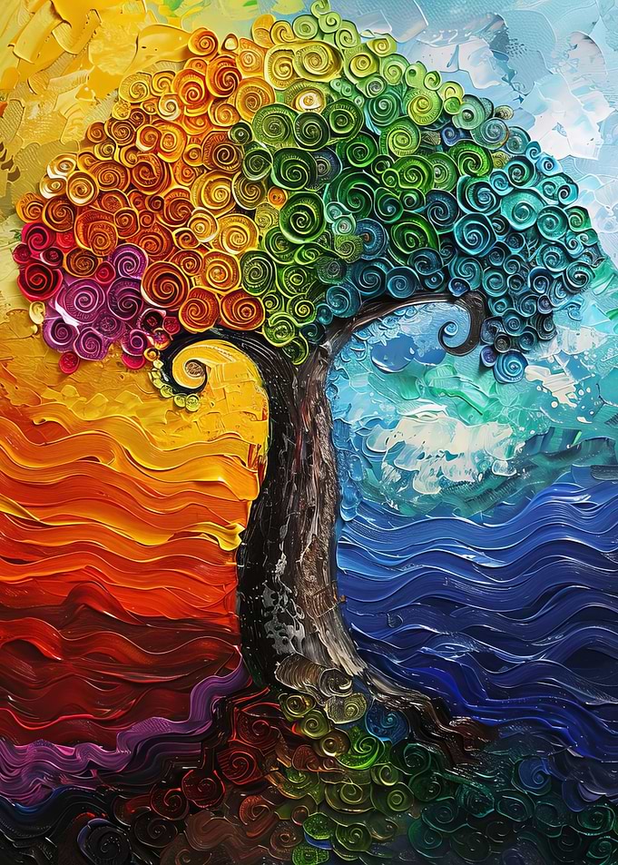 Abstract Rainbow Swirl Tree Painting