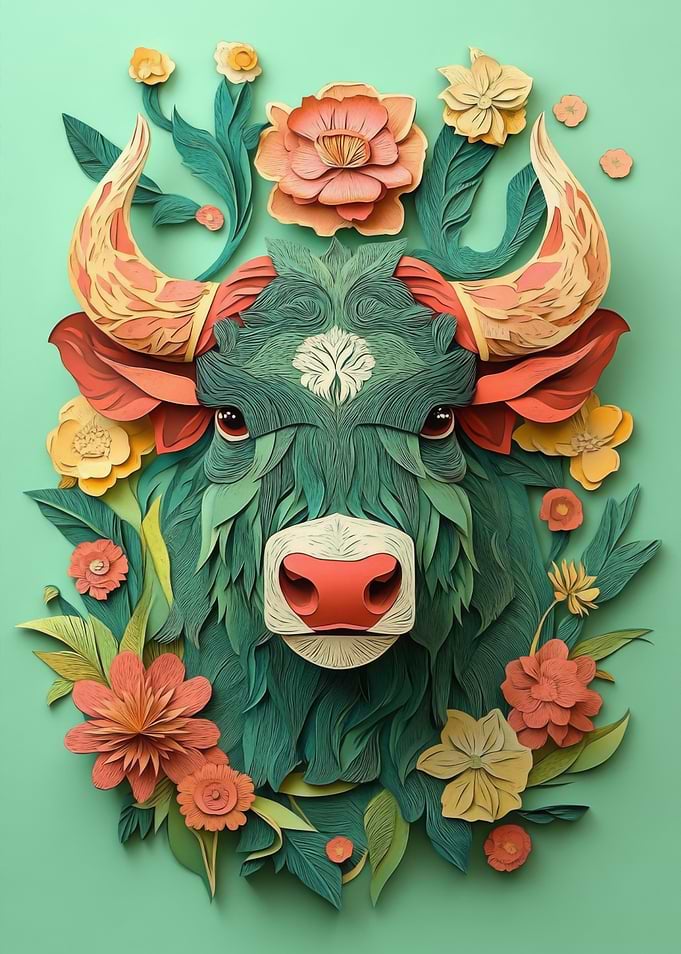 Papercut Bull with Flowers