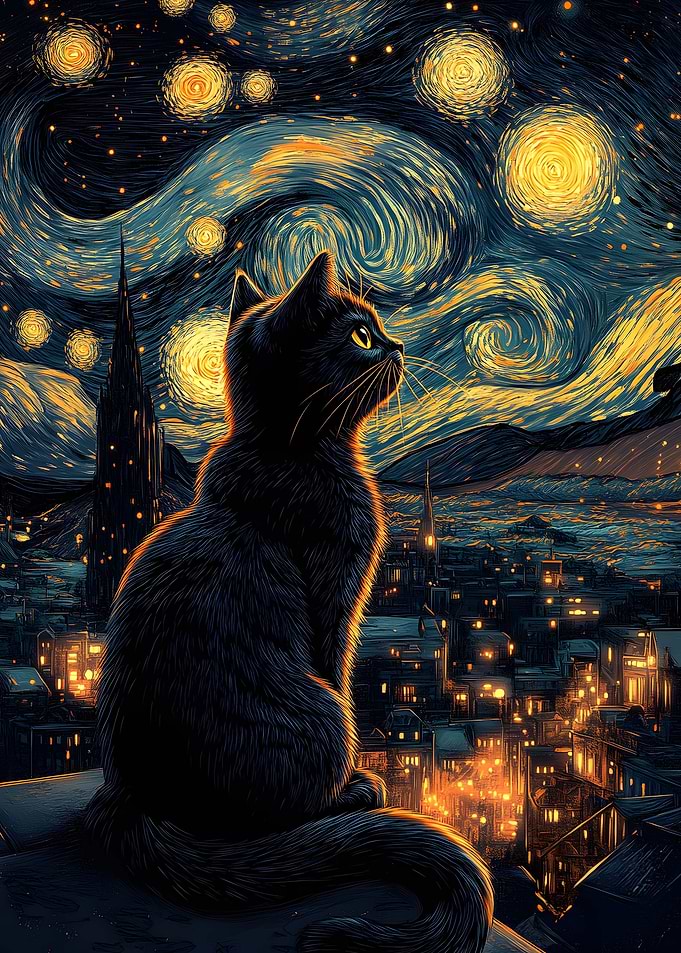 Black Cat Under Starry Night
