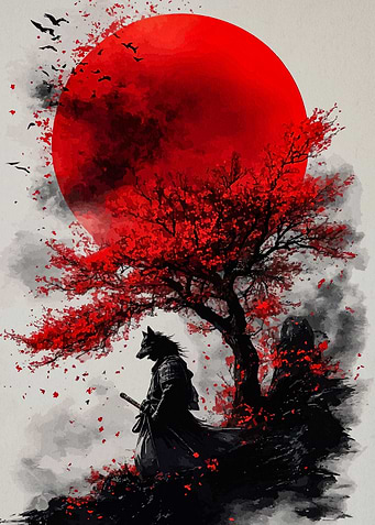Wolf Samurai Red Moon