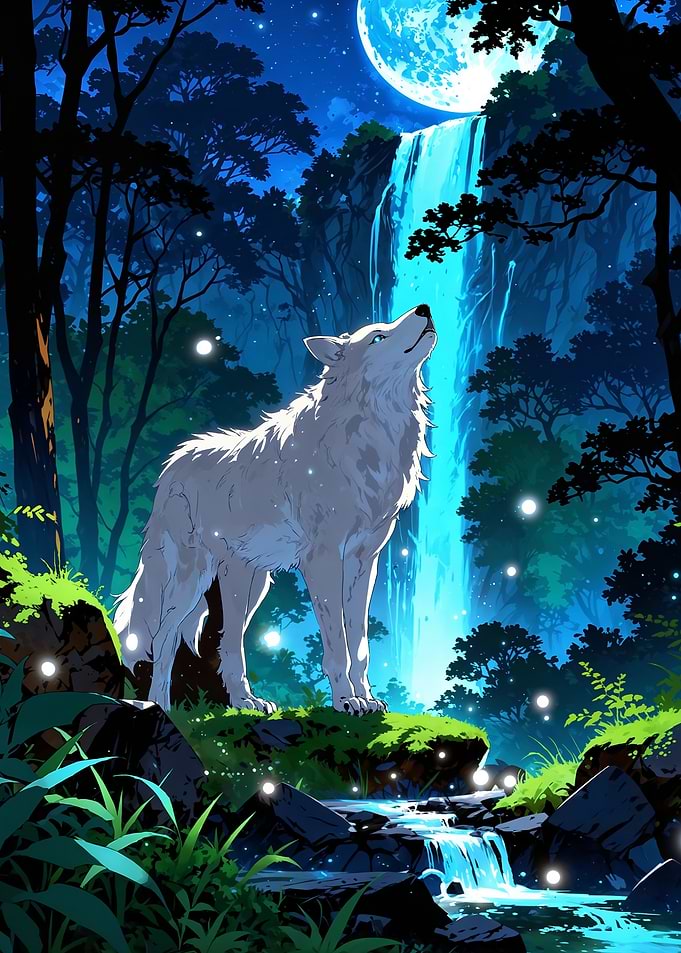 Wolf Under Moonlight Waterfall