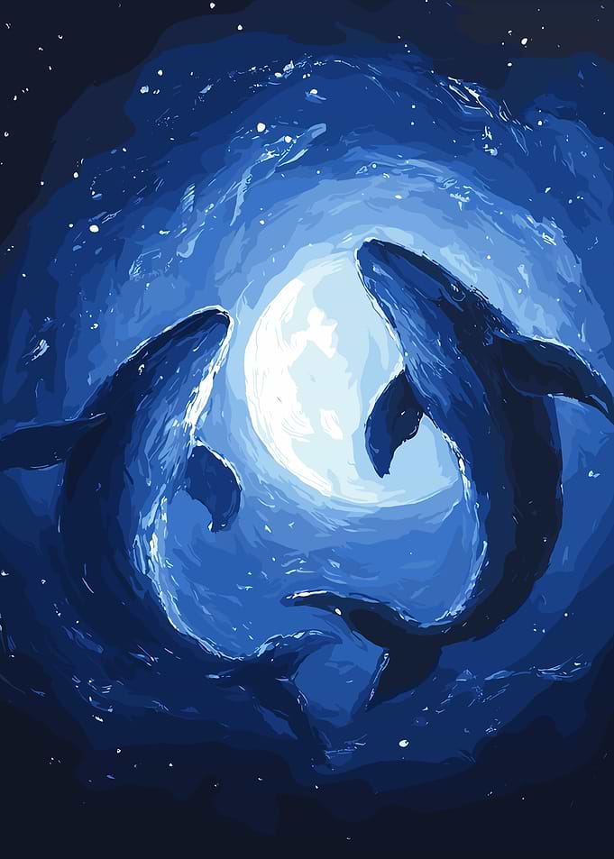 Whale Silhouettes Under Moon