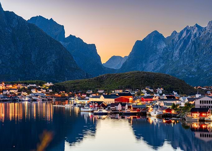 Magical Sky in a Norwegian Coastal Village at Dusk