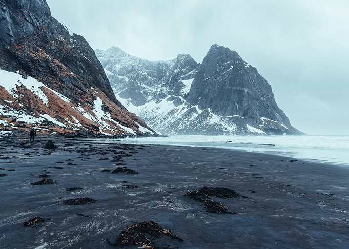 Snowy Mountain Beach in rough norwegian winter