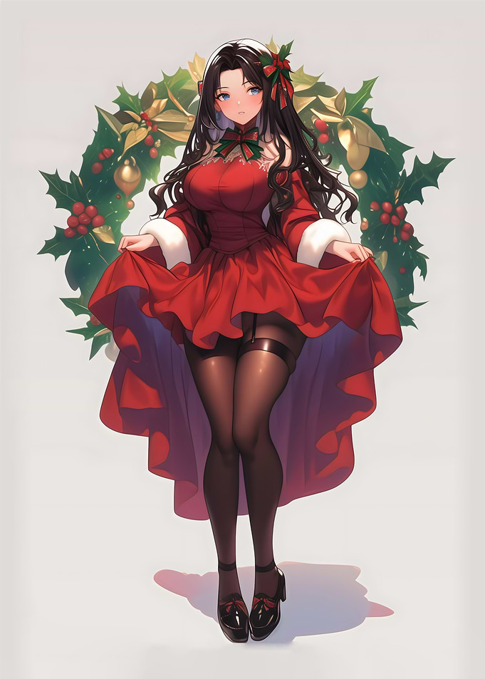 Anime Girl in Red Christmas Dress