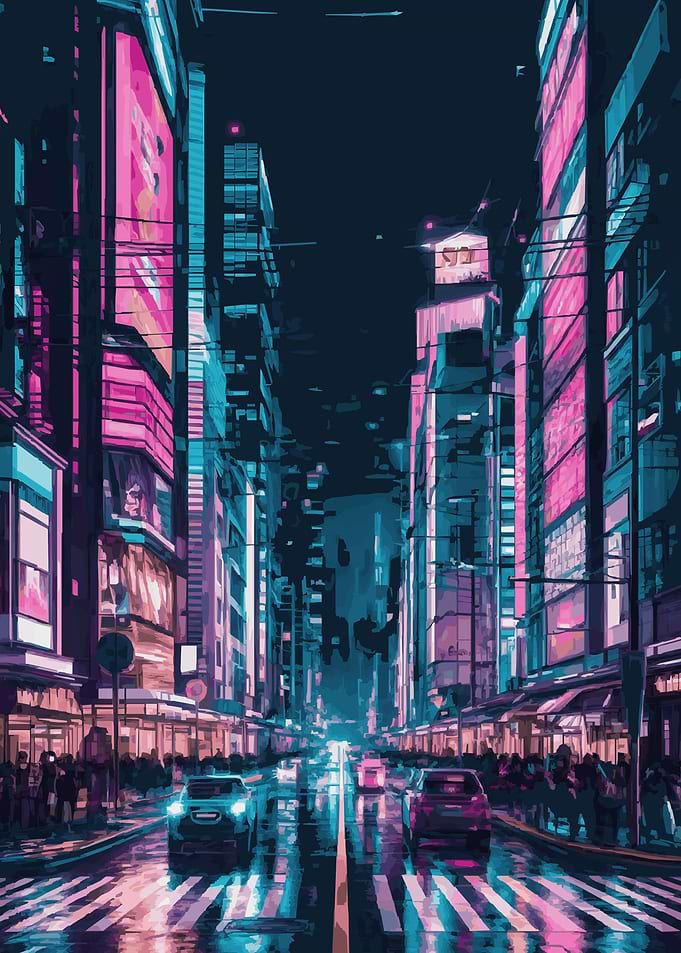Neon Tokyo City in Night Cityscape Japanese Art Painting Lover Gift