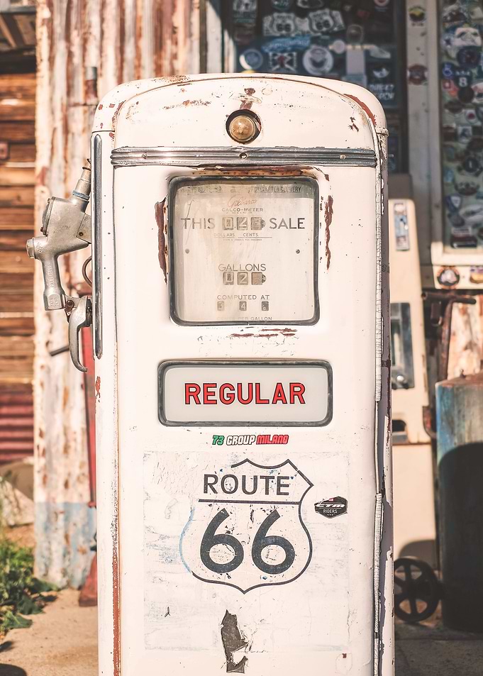 Route 66, USA I Vintage retro gas pump at Hackberry General Store in Arizona American countryside with a pastel white aesthetic on a road trip through the destroy American West coast to California