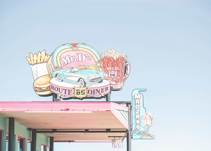 Route 66, USA I Retro vintage neon sign for 50s American diner Mr D'z in pastel pink, blue aesthetic with a vintage car fries, burger and beer as an illustration drawing art in Arizona or California