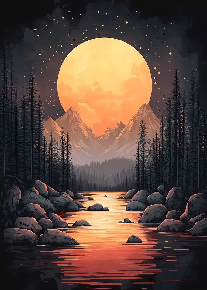 Moonlit Mountain Lake Japanese Landscape