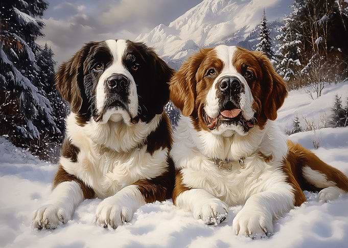 Two Saint Bernards in Snow