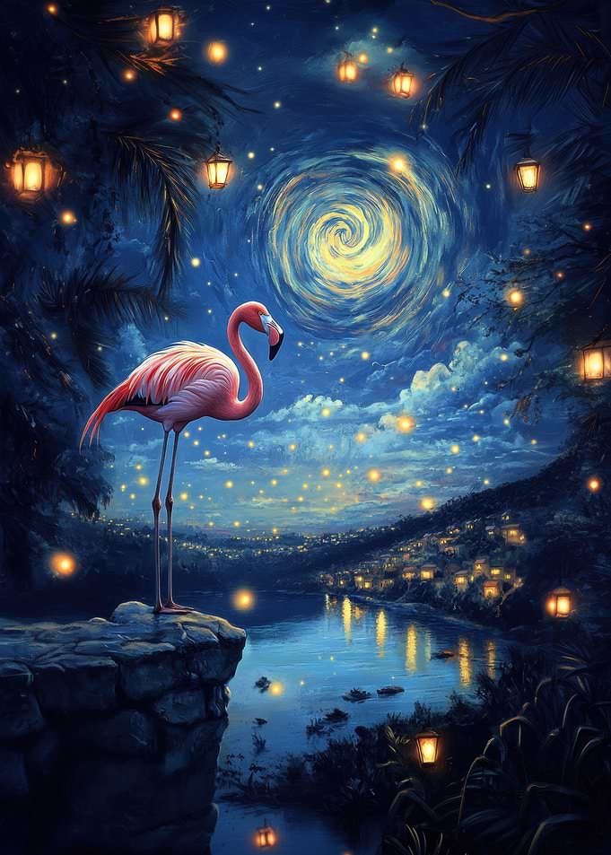 Pink Flamingo Night Scene