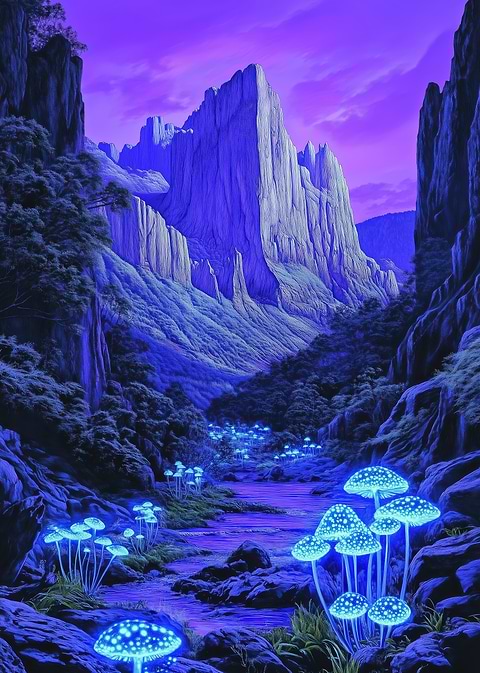 Glowing Mushrooms in a Mountain Valley