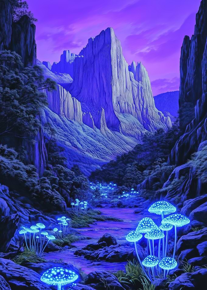 Glowing Mushrooms in a Mountain Valley